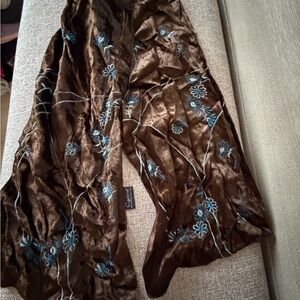 Brown Velvet Scarf with Blue Floral Embroidery